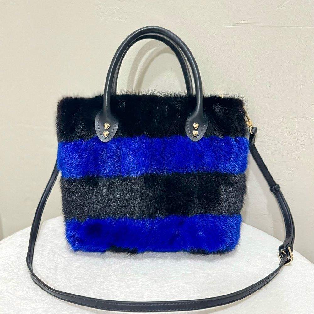 Striped Colorblock Handmade Real Mink Fur Mini Tote, Top Handle Bag, Crossbody